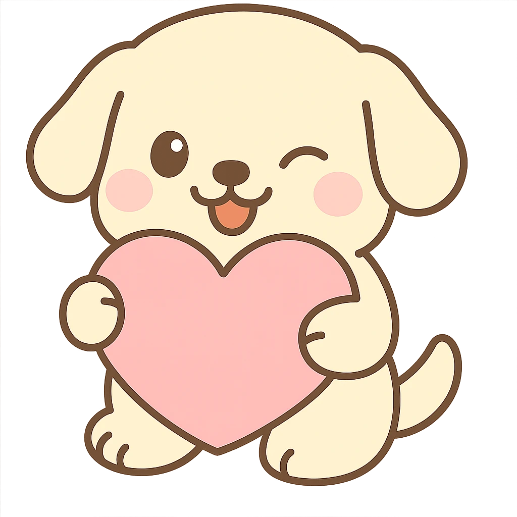 A cute white cream retriever hugging a pretty pink heart pillow winking and playfully smiling, no background, cute style. emoji