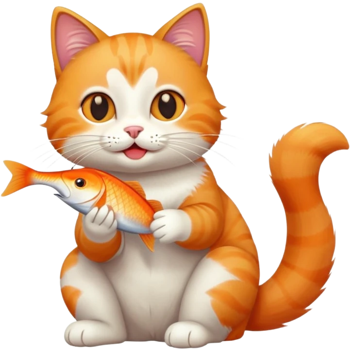 cat full body sitting eating a fish playful expression emoji