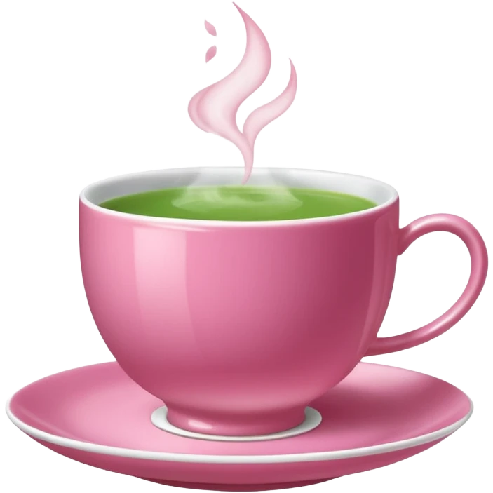 dark pink teacup filled with green tea, placed on a matching pink saucer, with gentle steam rising from the cup.  emoji