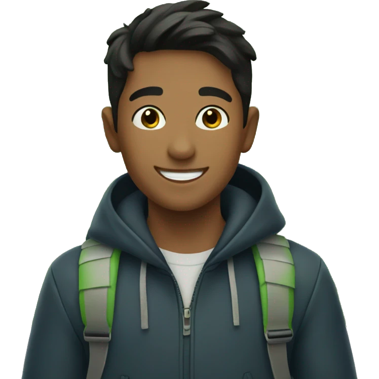 Dark hair boy smiling outdoors with green leafs emoji
