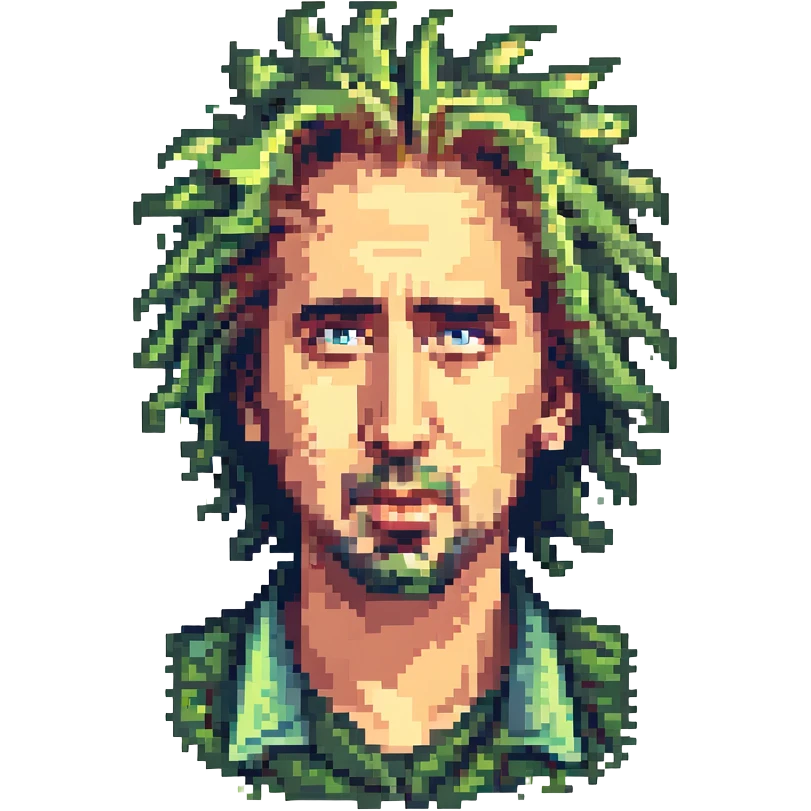 Nicholas Cage with wild hair, expressive face, pixelated, 8-bit color palette emoji