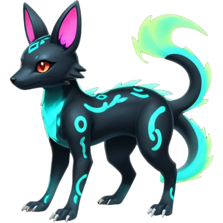 Rare realistic dark-neon glowing bioluminescent edgy badass epic pretty beautiful handsome gorgeous aesthetic colorful vibrant Vernid-Trico-Umbreon-Salandit-hybrid-species-Fakemon-creature by LiLaiRa, 4 legs, 1 tail, random markings, (full body) emoji