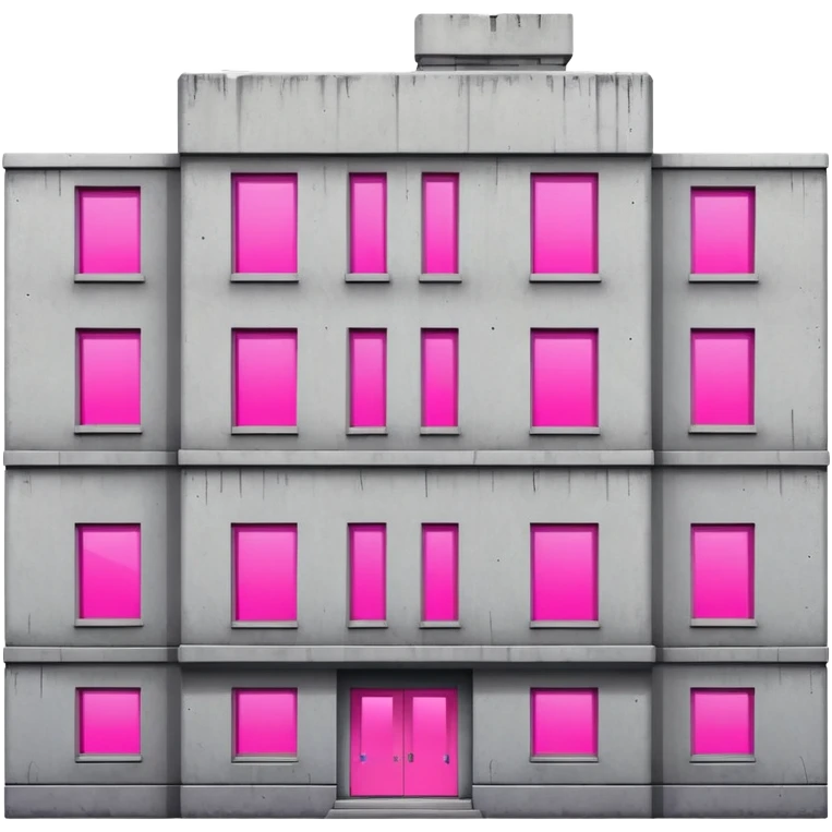 Soviet-era concrete rectangular apartment block with a single window emitting bright pink UV light, stark gray facades with slight disrepair emoji