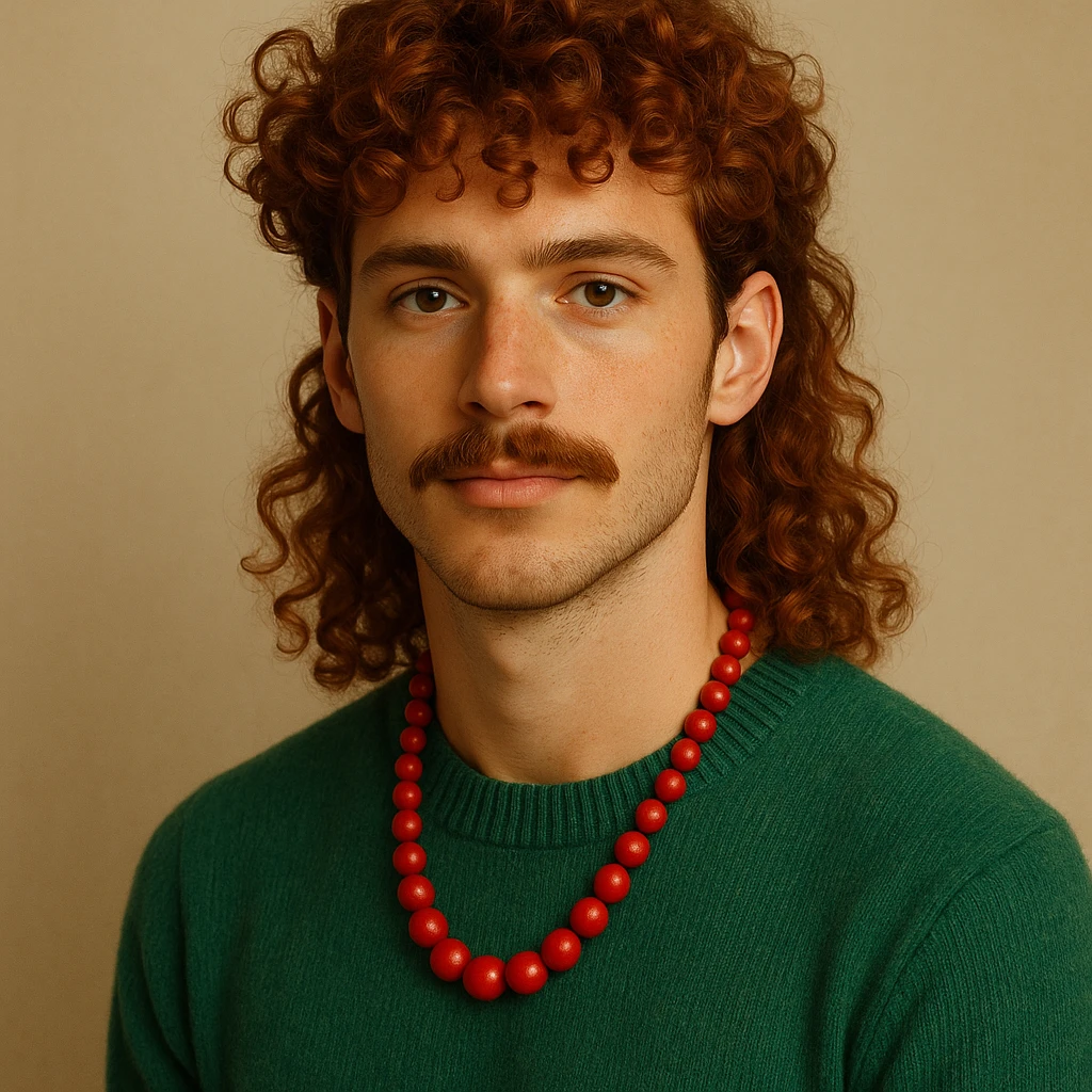 attractive man with red curly hair, curly mullet, and mustache, wearing a green sweater and a red necklace, in a visually appealing style emoji