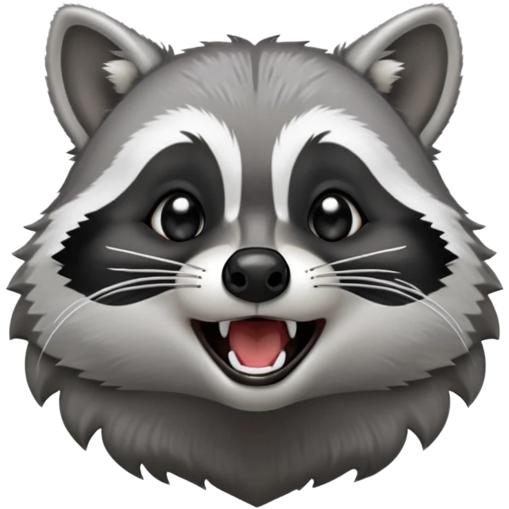 Cinematic-cute realistic- Yawning Raccoon-Portrait-Emoji – Poised and confident, wide-open yawn, revealing a soft grey with a sturdy build and a beautifully textured fur of silver-grey accented by dark black facial markings, deep-set, big black eyes, simplified yet sharp and sophisticated zoom out to show shoulders emoji