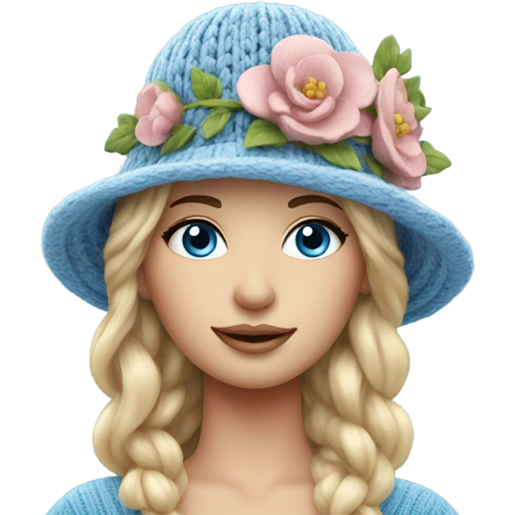 beautiful finnish fair hair woman with blue eyes knitting floral hat emoji