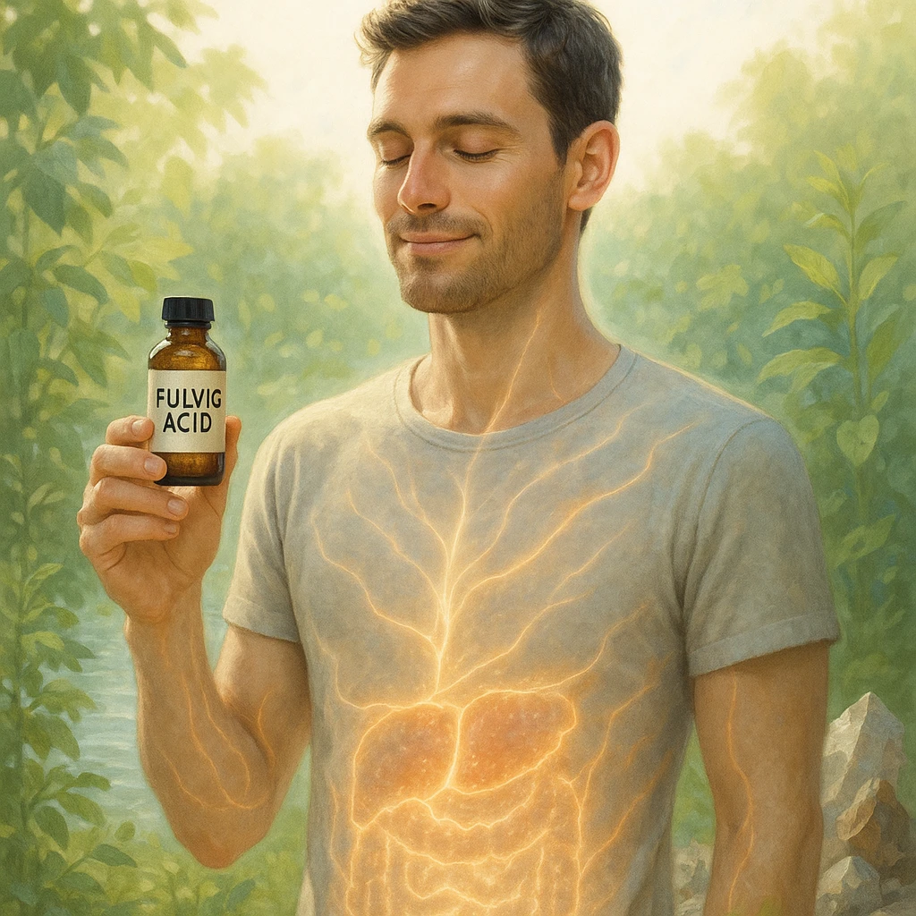 health-conscious man holding a small bottle labeled 'fulvic acid' in a bright natural setting, calm and rejuvenated expression, soft glowing light or translucent energy flowing through his body especially around gut liver and skin, background with nature elements like plants clean water minerals conveying purification and detox, clean wellness aesthetic, semi-realistic, soft light, holistic and rejuvenating atmosphere, 4K emoji