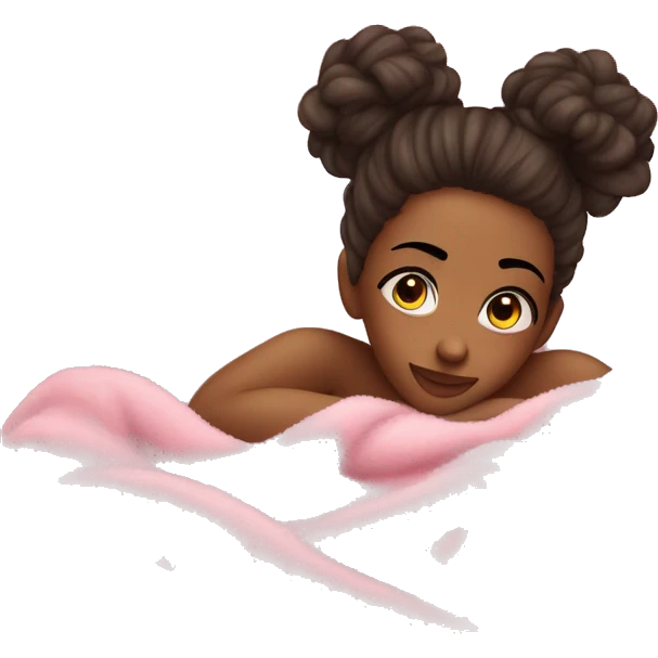 a girl laying down in bed with a messy bun with a pink fuzzy comfy blanket on top of her , make the girl really pretty  emoji
