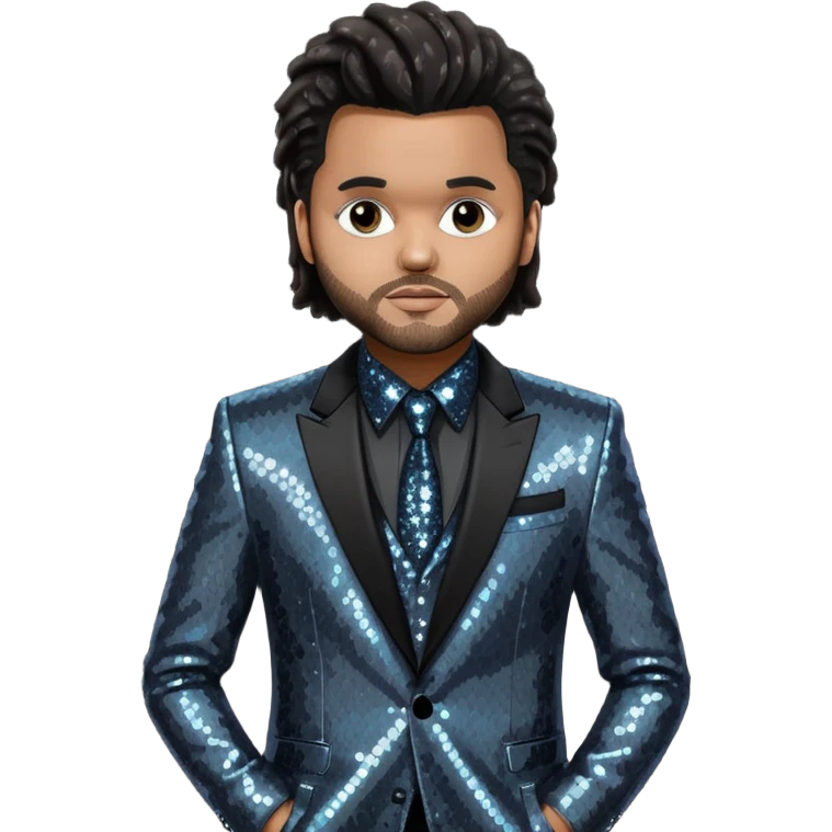 The Weeknd with long dark brown hair, dark gray sequin outfit  emoji