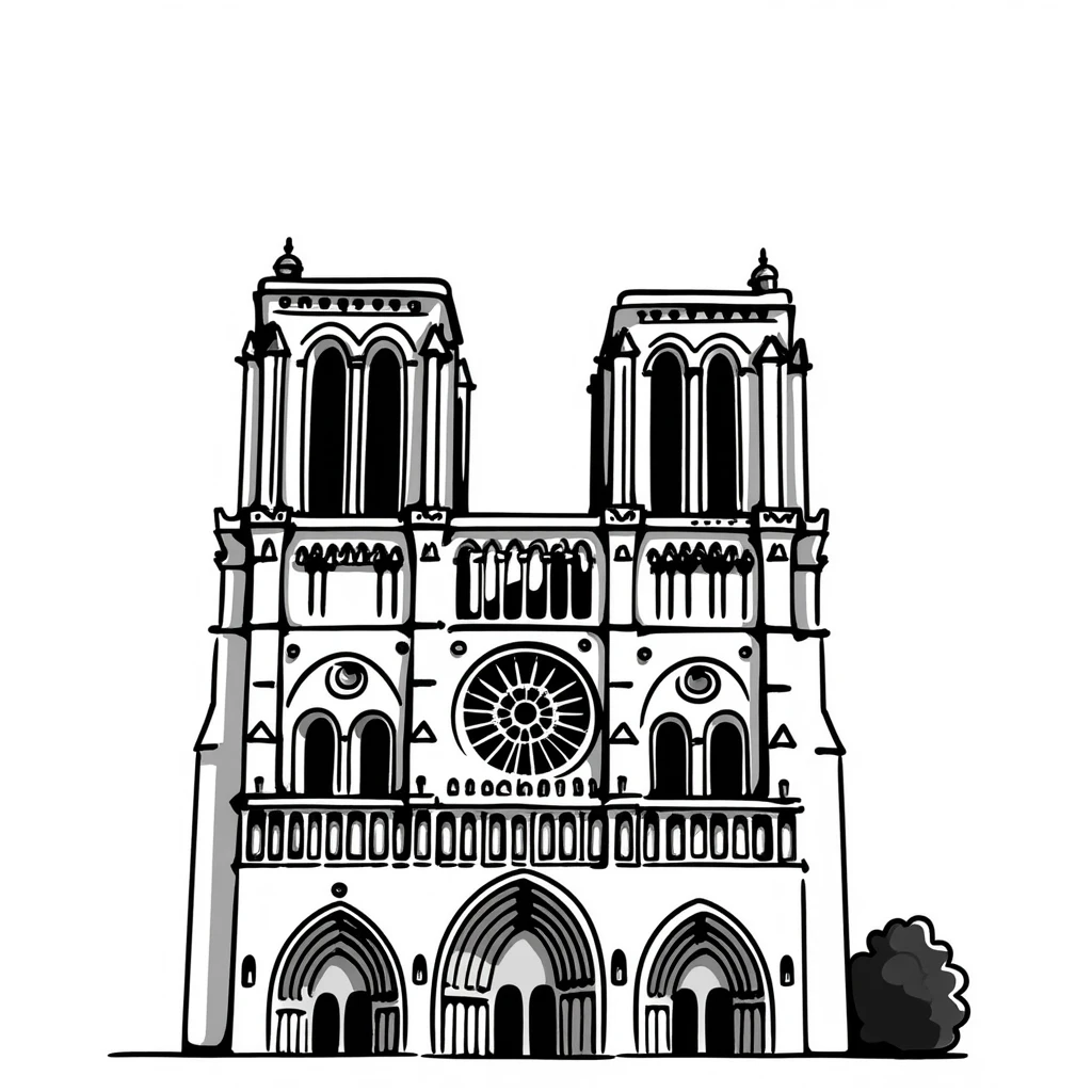 Notre Dame Cathedral in Paris with detailed Gothic architecture, spire, and rose window emoji