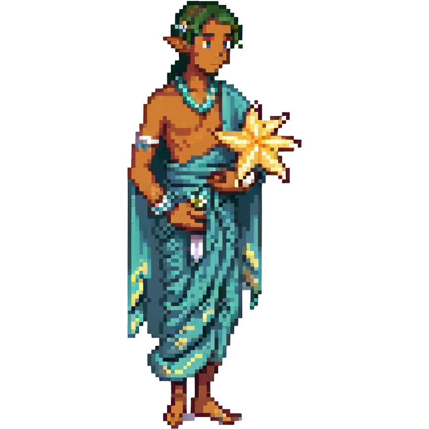 elf male Sarong with bioluminescent embroidery, armful of starfish, hair in a braid with pearl pins emoji