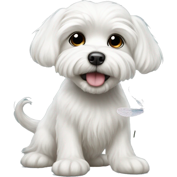 White Maltese Shi Tsu playing with a dragonfly emoji