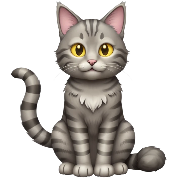 cinematic-[grey tabby cat]-realistic-full-body-sitting-emoji,-tail-curled-playfully-around-its-paws,-head-tilted-dramatically,-scruffy-[grey]-fur,-simplified-yet-realistic-focused-features,-highly-detailed,-glowing-with-an-almost-sarcastic-glow emoji