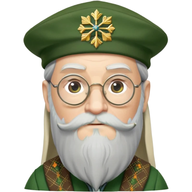 Dumbledore wear green scotland Tam o'shanter cap with decorative patterns, wear glasses, very long beard emoji