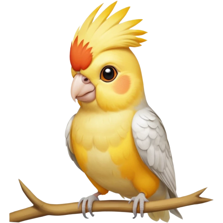 lutino cockatiel emoji, perched and facing forward, bright yellow with orange cheek patches emoji