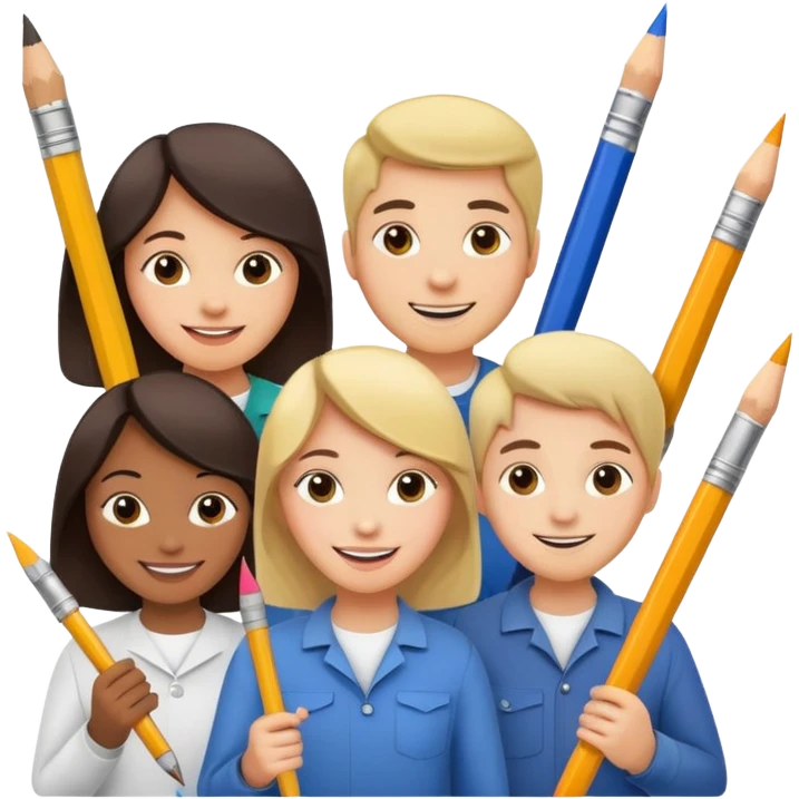 diverse group holding a large pencil and paintbrush together emoji