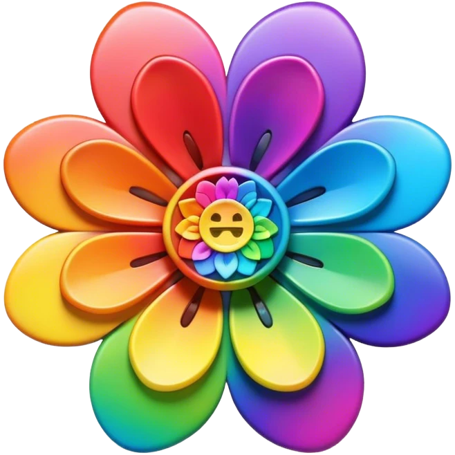 A bezeled psychedelic colored button with a rainbow colored 3D flower in the center emoji