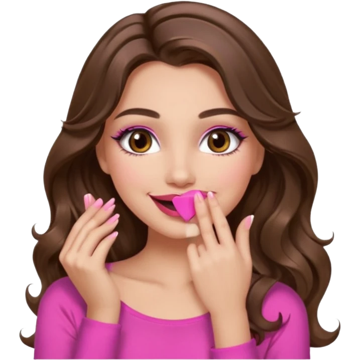 girl with long wavy brown hair, brown eyes, long lashes makeup, sexy pink lips, light to medium complexion, pink sexy top, smiling, hand covering  emoji