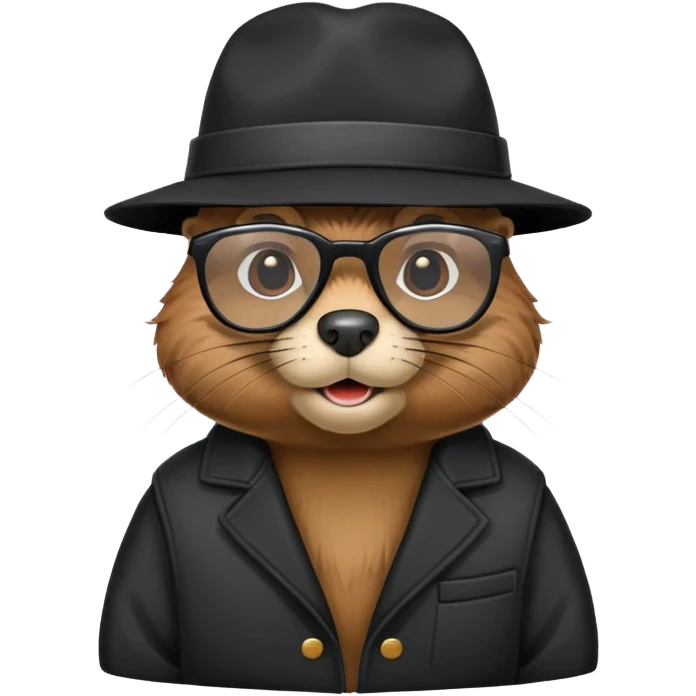 Castoro con una giacca nera, occhiali neri e un cappello.  emoji