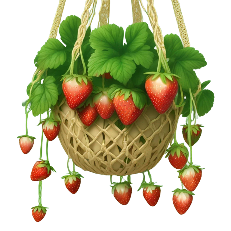 Hanging macrame gold planter with strawberries growing down  emoji