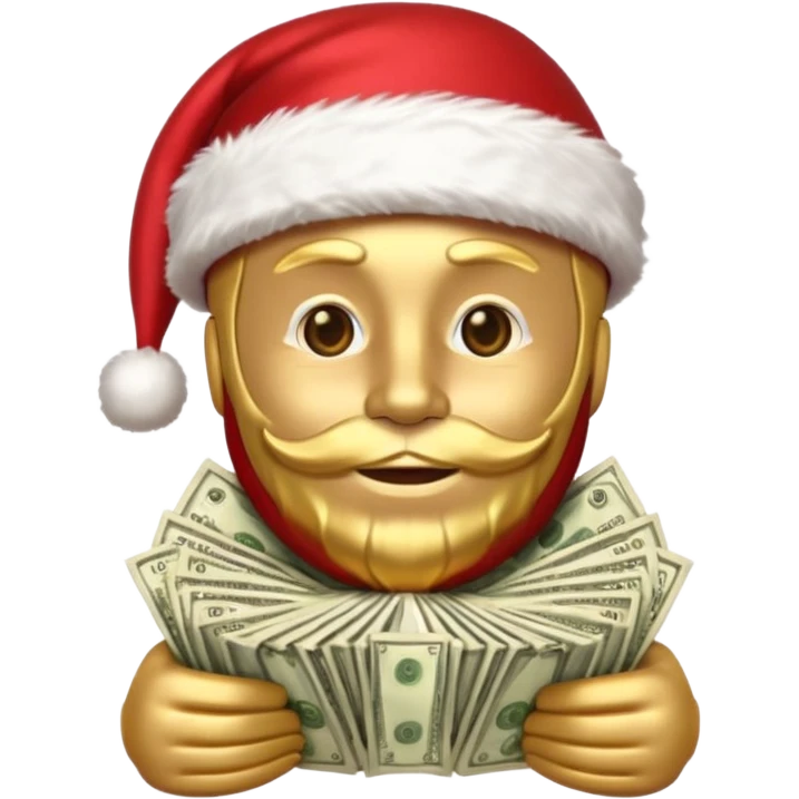A confident rich emoji face wearing a Santa hat, money stacks, casino vibe, New Year theme, premium 3D emoji style, sharp details, no text, isolated on transparent background emoji