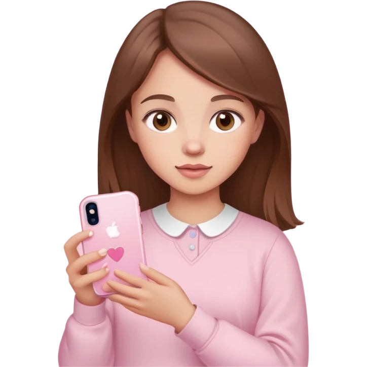 a brown haired girl with brown eyes and light skin with a baby pink background and a baby pink iPhone in her hand taking a selfie emoji