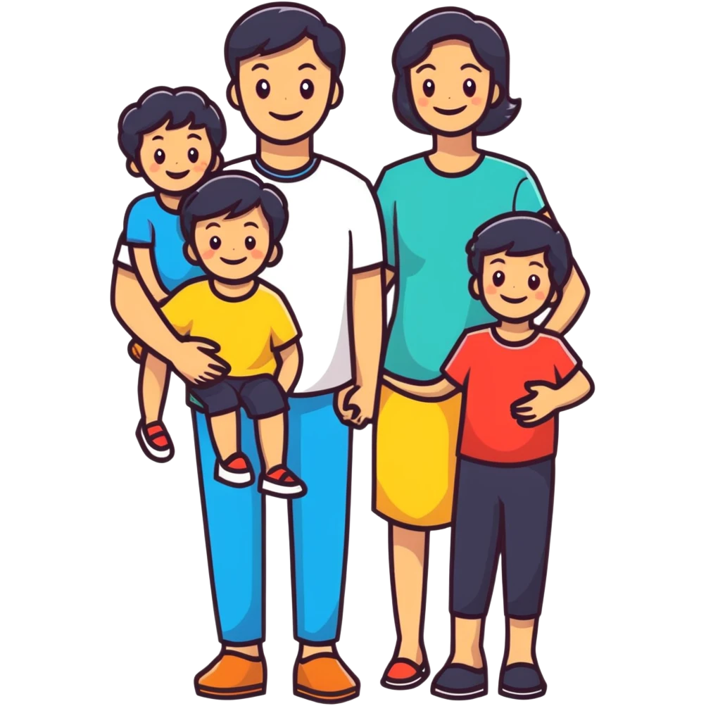 happy family: father, mother, two children, all smiling, bright colors emoji