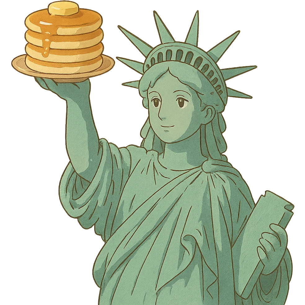 Statue of Liberty holding a stack of pancakes in ghibli style emoji