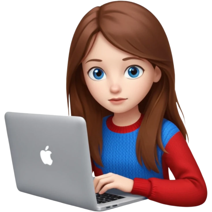 Emoji of a cute 3D girl with long brown hair and blue eyes, wearing a red sweater, focused working on a MacBook laptop, white background emoji