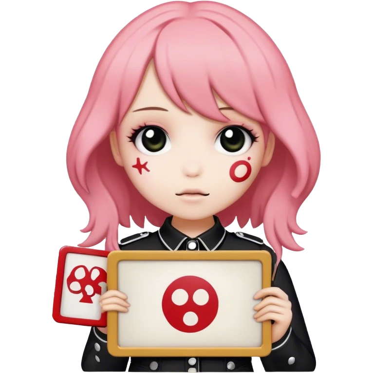 Mymelody holding a sign which shows the my chemical romance logo emoji