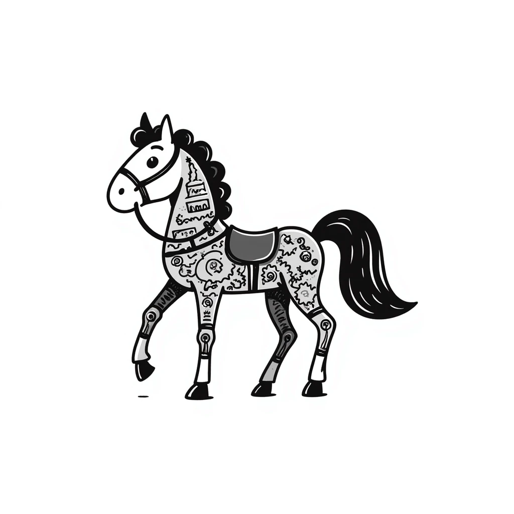 Detailed sketch of a horse assembled from mechanical cogs, analog components, exposed wires, and rope connecting the parts emoji