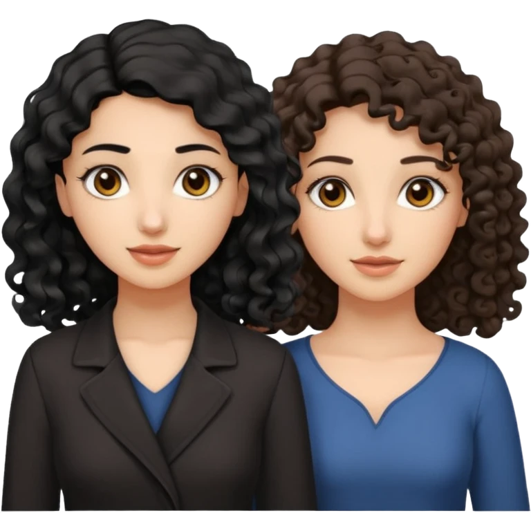 Arab woman with curly black hair and white girl with wavy light brown shoulder-length hair and slightly sloping brown eyes emoji