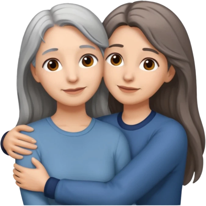 2 Frauen, die sich umarmen, davon 1 grauhaarig, 1 braunhaarig, lange Haare emoji