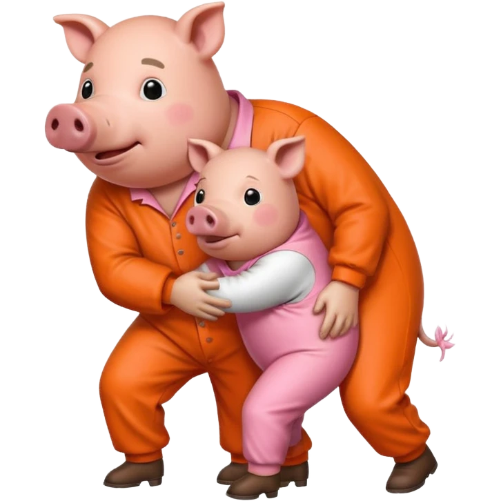 A pig bent over in a orange prison jumpsuit getting humped by a larger hog emoji