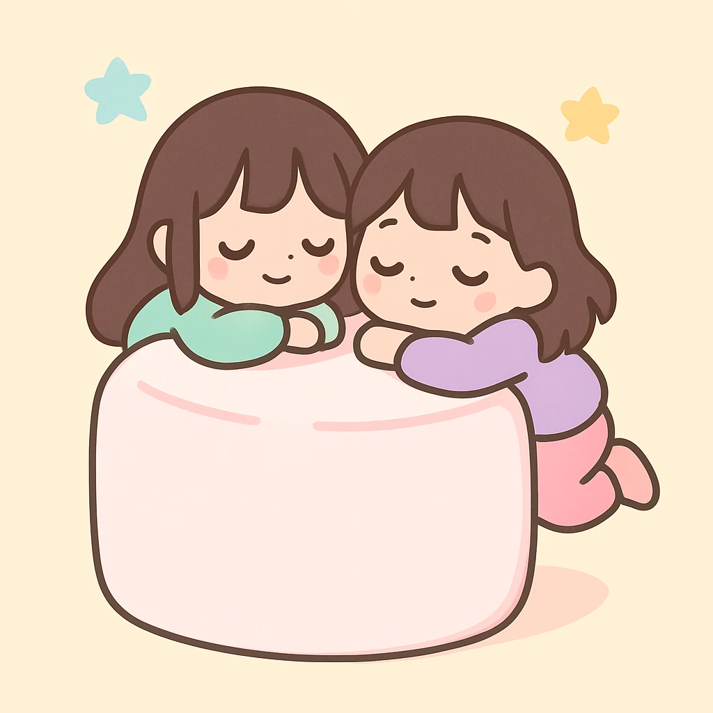 two brunette girls resting on a huge marshmallow, peaceful, whimsical style, cute illustration, soft pastel colors emoji