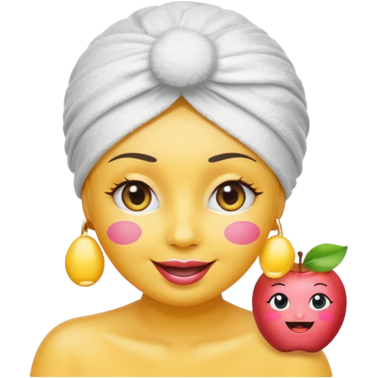 classic round yellow emoji face with big smile, simple emoji-style eyes with eyelashes, blush on cheeks, wearing a white towel turban, a tube of lipstick floating next to the face, apple style emoji, not human-like emoji