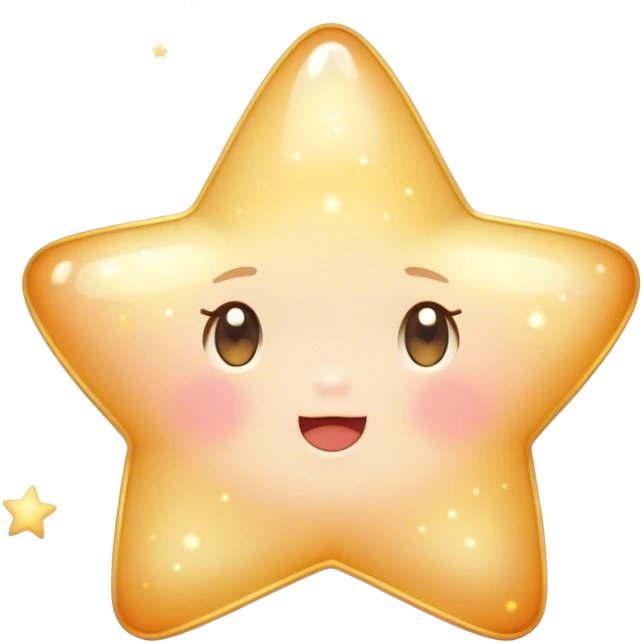Cinematic cute sparkling star, chubby rounded edges, golden glow, tiny blushing cheeks, warm and gentle shine, twinkling softly in a pastel night sky. emoji