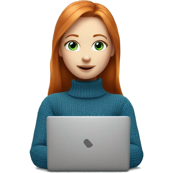 ginger girl with blue eyes in turtle neck sweater working on a laptop emoji