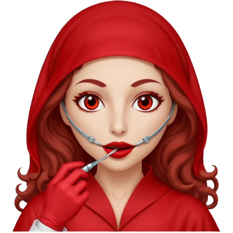 Lilith scalpel in hand, evil surgeon sexy surgeon clothes.  She has red eyes. She brown long curly hair. Wears sexy doctor outfit with red gloves. Wears red burka Covers mouth neck and nose with red burka to hide her identity emoji
