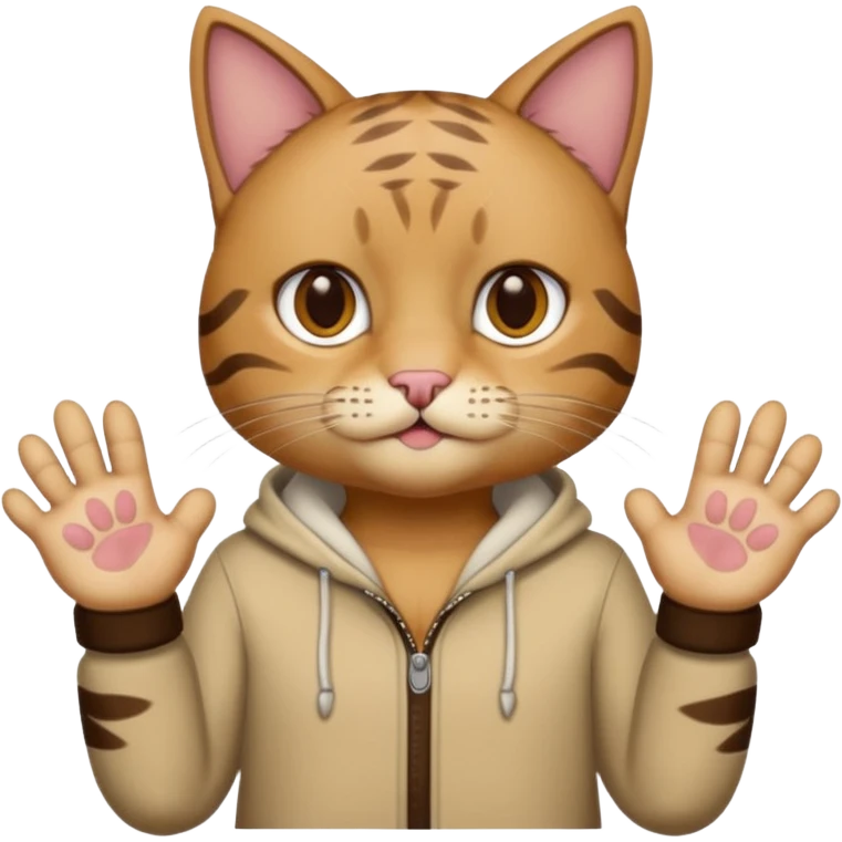 A man wearing cat clothes  and showing his paws emoji