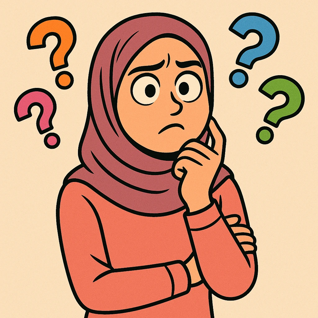 a hijabi girl with a puzzled expression, surrounded by '??', cartoon style, colorful and friendly emoji