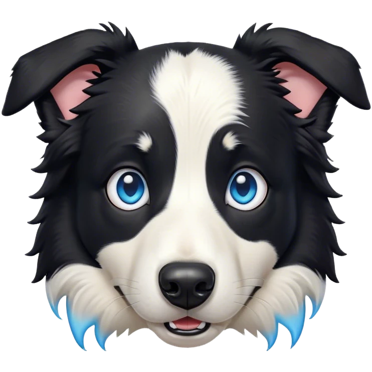 Cinematic Comical Black and White Border Collie Portrait Emoji, Head tilted dramatically with an exaggeratedly shocked or offended expression, featuring a striking black and white coat and wide, expressive blue eyes filled with exaggerated disbelief, Simplified yet hilariously expressive features, highly detailed, glowing with a slightly sassy glow, high shine, dramatic yet playful, stylized with an air of attitude, bright and endearing, soft glowing outline, capturing the essence of a sassy and over-the-top herder, so meme-worthy it feels like it could side-eye its way into internet fame instantly! emoji