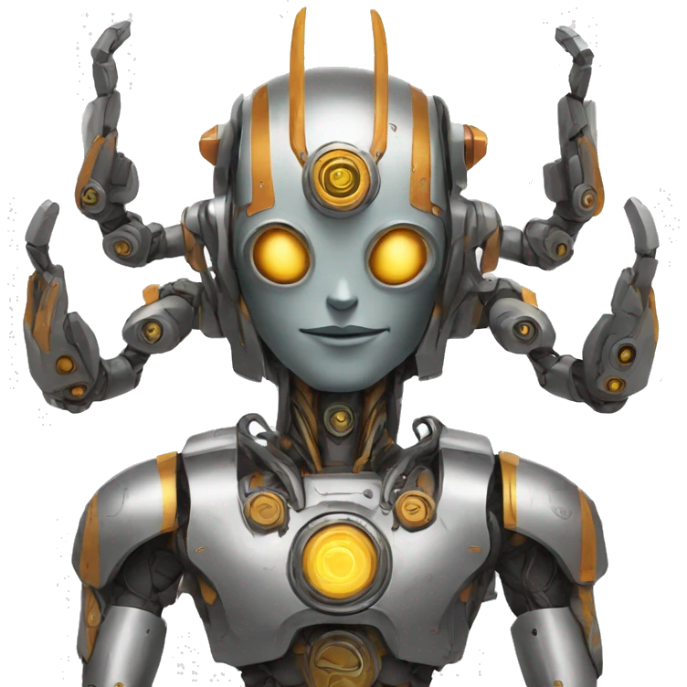 a high-tech metal robot with several arms like an indian god emoji