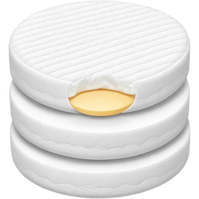 small stack or pair of soft, round white cotton pads, slightly textured with gentle quilted or smooth surface, soft edges, subtle layering to show thinness and softness, clean minimal 3D look, soft lighting, no packaging or extra elements, no faces, transparent background, emoji scale emoji