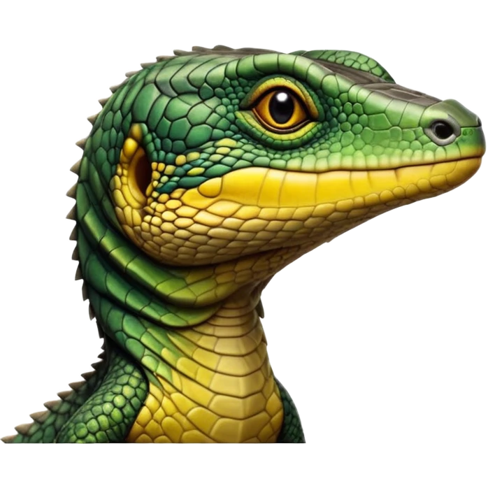 cinematic-realistic-cute-monitor-lizard-portrait-emoji,-head-tilted-playfully-and-inquisitively,-featuring-a-compact,-agile-body-with-finely-detailed,-glossy-scales-in-earthy-black and yellow-hues-and-a-distinct,-alert-face-with-bright,-curious-eyes, black , yellow spotted and green band  scales and a big long neck emoji