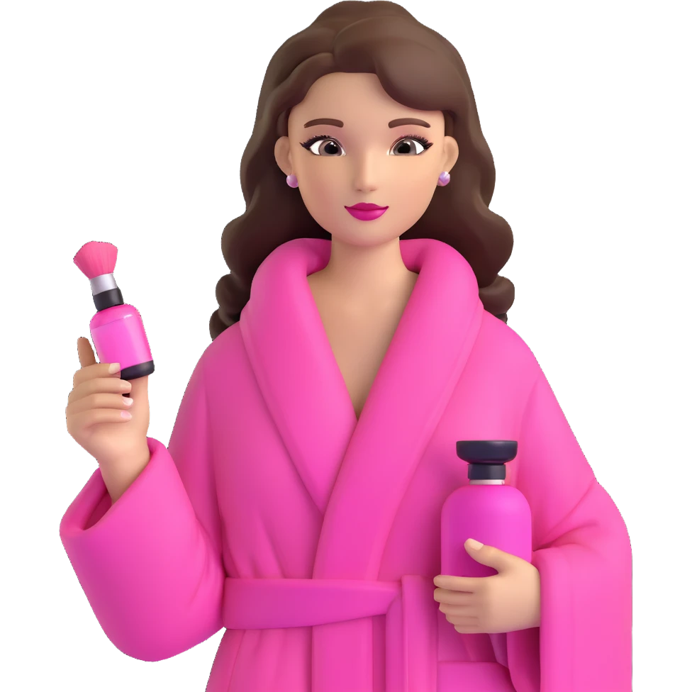 girly girl in a pink Victoria's Secret robe holding a bottle of perfume and a makeup brush emoji