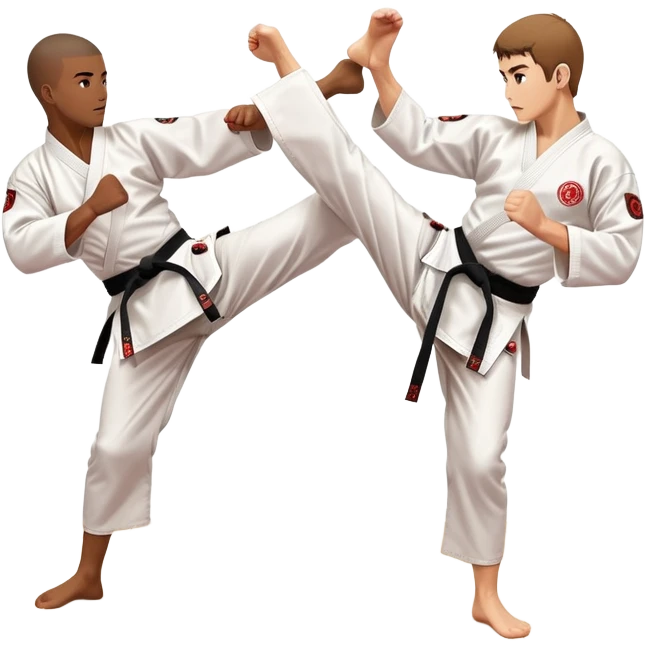 Two karate fighters in traditional gi sparring. One executes a high kick aimed at the opponent’s head, while the other blocks with a strong hand defense. The background features a classic dojo with wooden flooring and banners. Dynamic motion and focused expressions. Transparent background. emoji