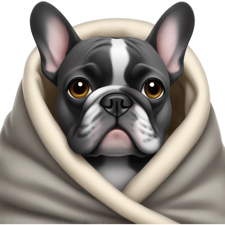A dark grey French bulldog in a soft blanket emoji
