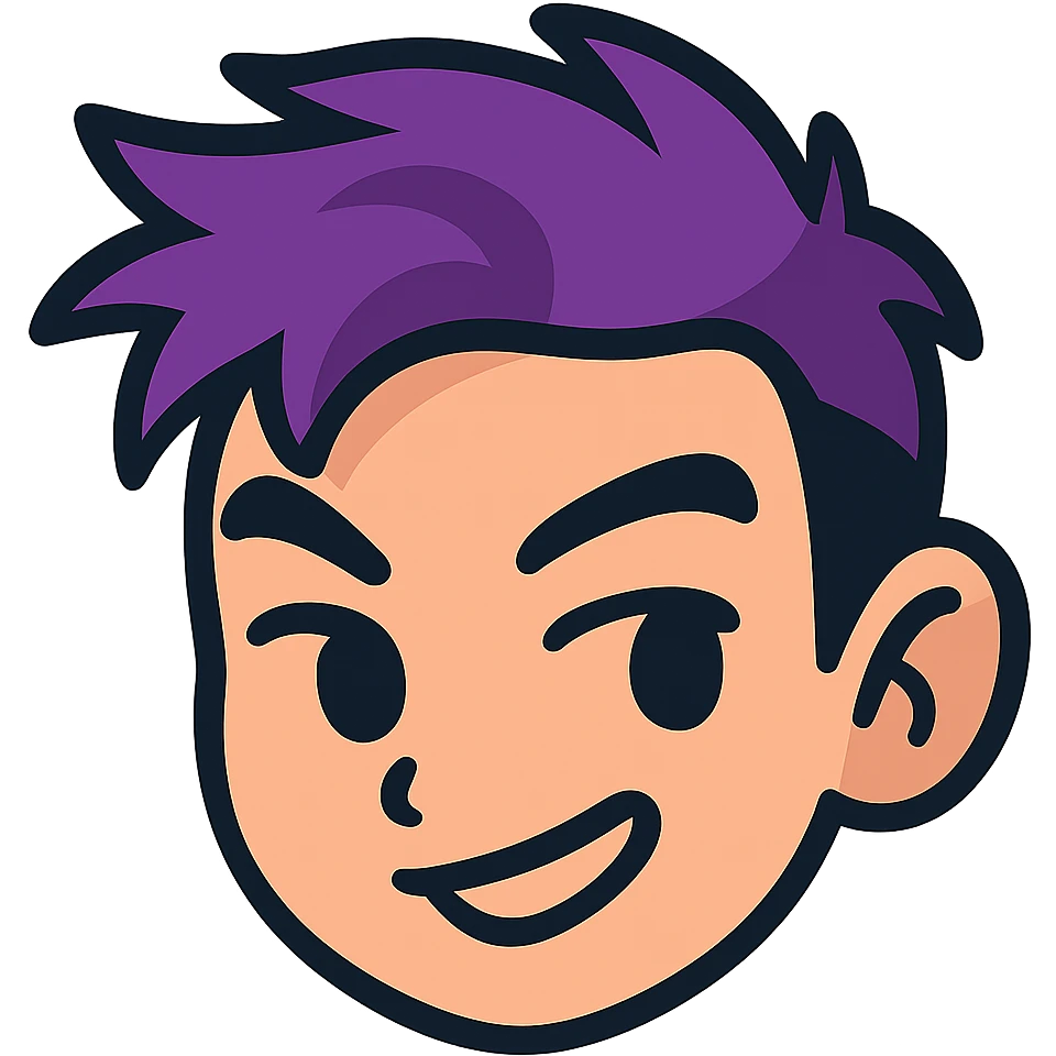 Transform the face in the reference image into a cute emoji-style icon with minimalistic, bold lines, bright colors, and a playful, expressive look suitable for a small emoji. Keep the confident, mischievous expression and purple hair. Remove the background. emoji