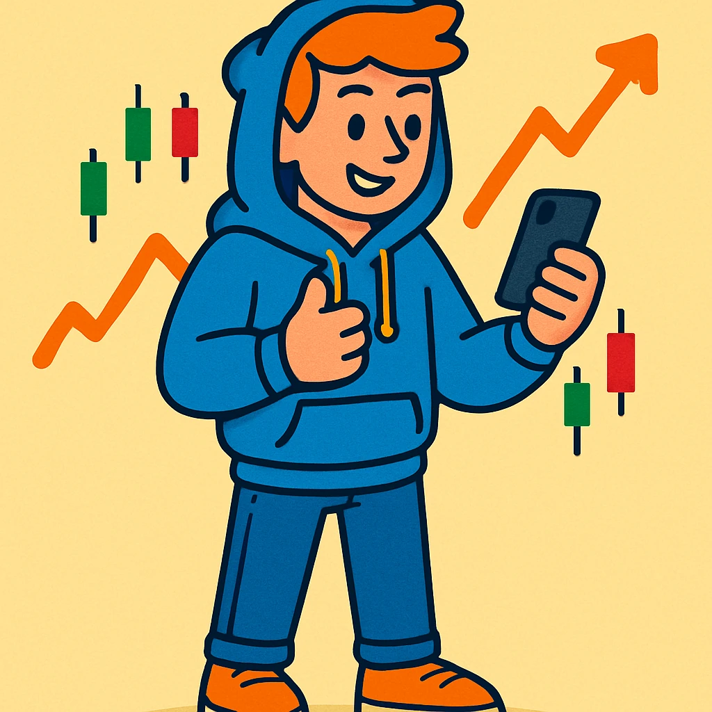 a trader character, casual tech startup style, hoodie and jeans, holding a smartphone emoji